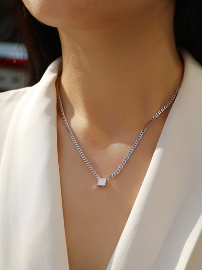 Silver-Tone Princess Cut Pendant Necklace - View 2 - Smonu