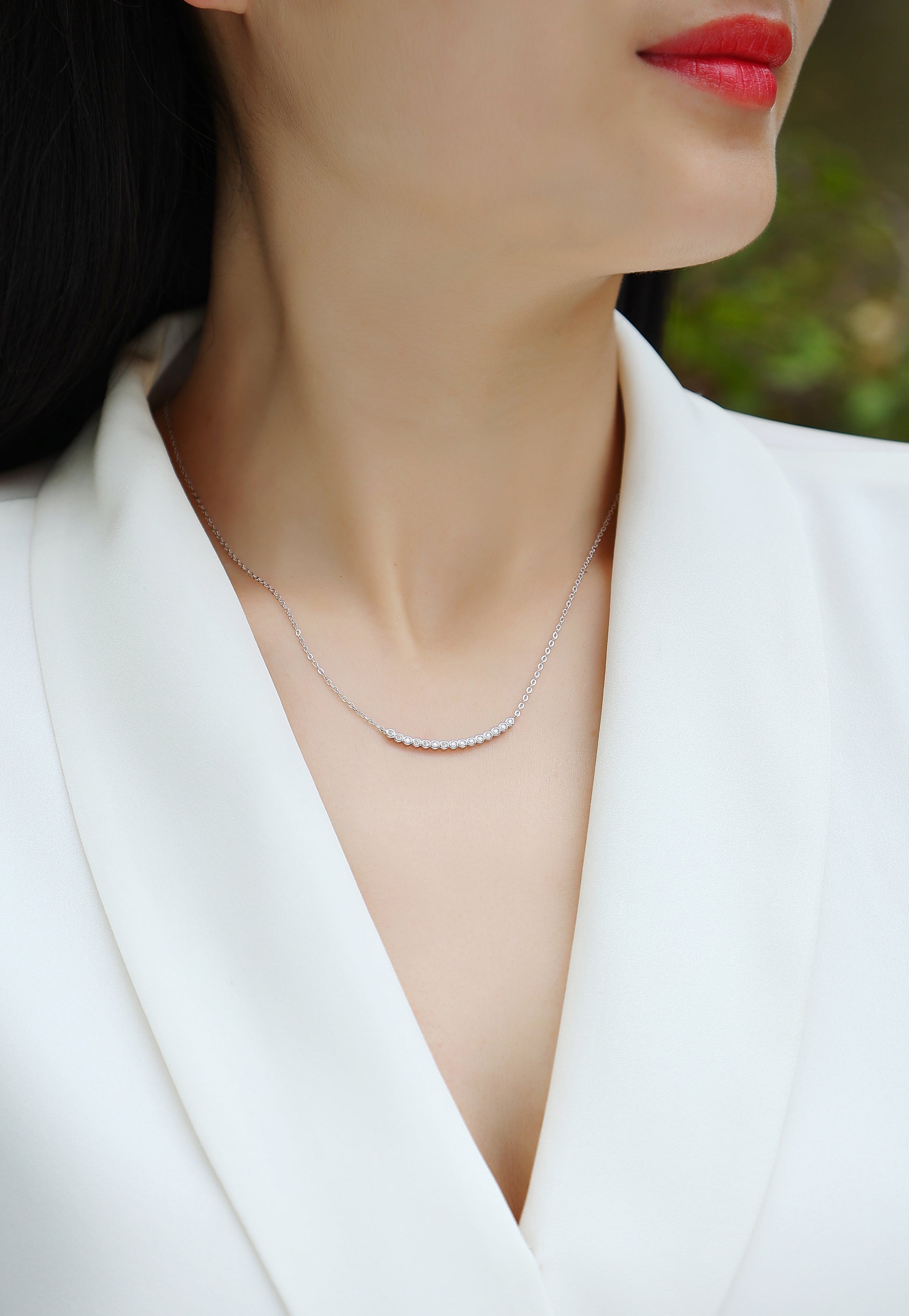 Silver-Tone Bezel Set Round Stone Necklace - View 3 - Smonu