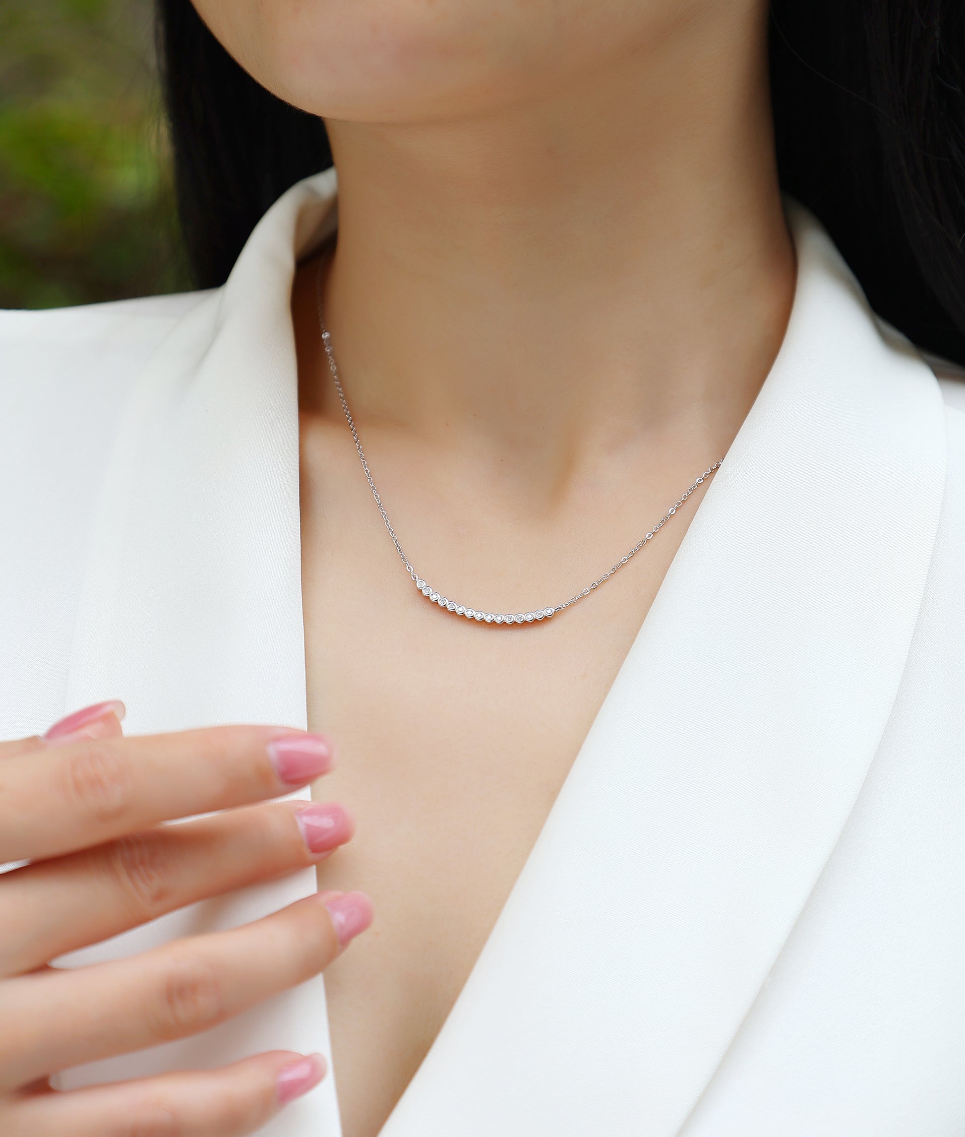 Silver-Tone Bezel Set Round Stone Necklace - View 4 - Smonu
