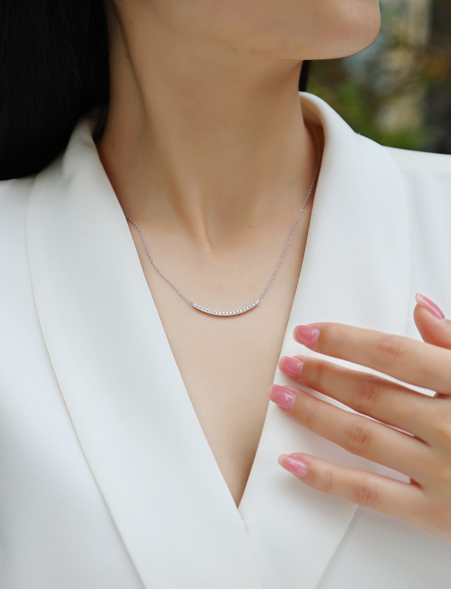 Silver-Tone Curved Bar Necklace with Clear Stones - View 3 - Smonu