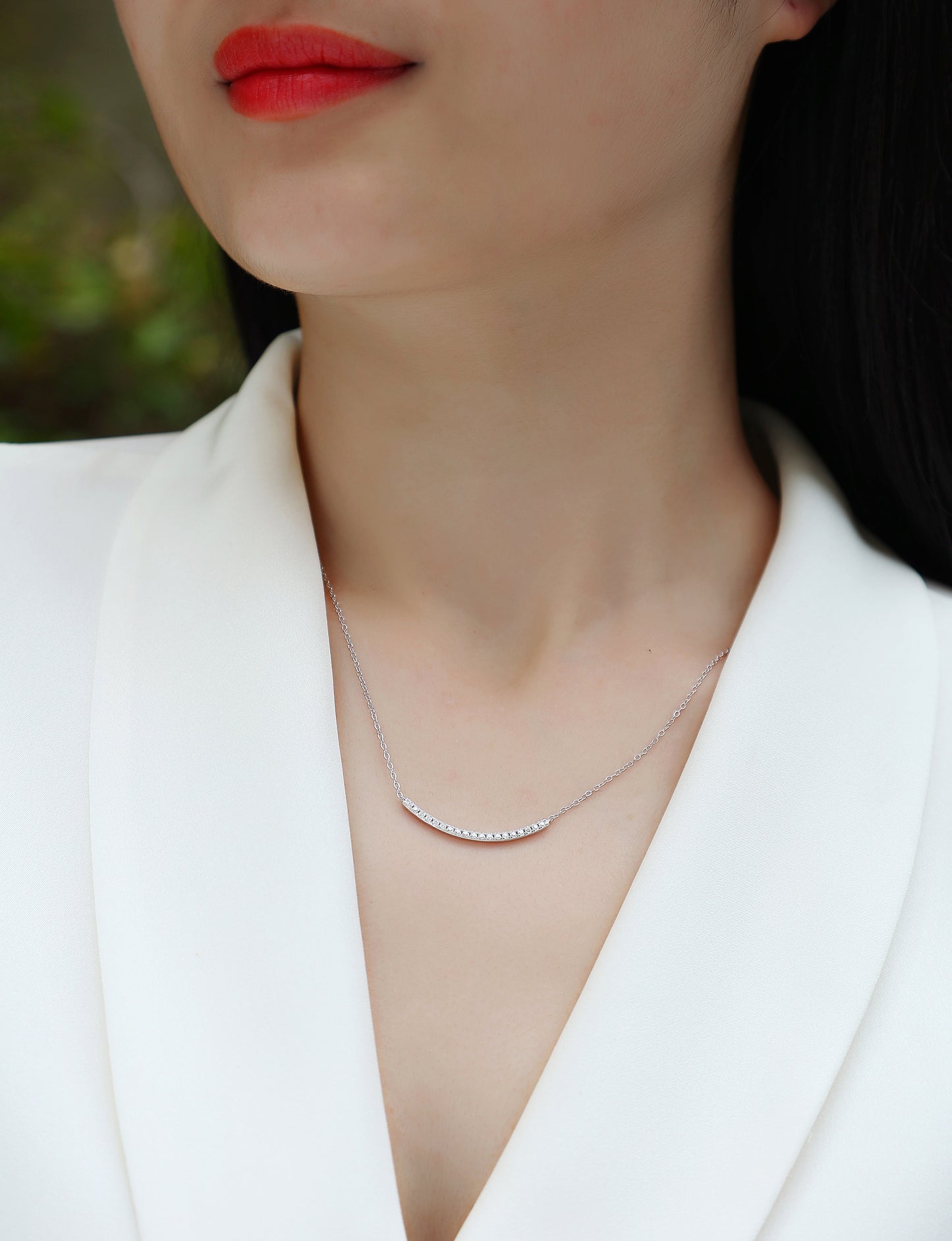 Silver-Tone Curved Bar Necklace with Clear Stones - View 4 - Smonu