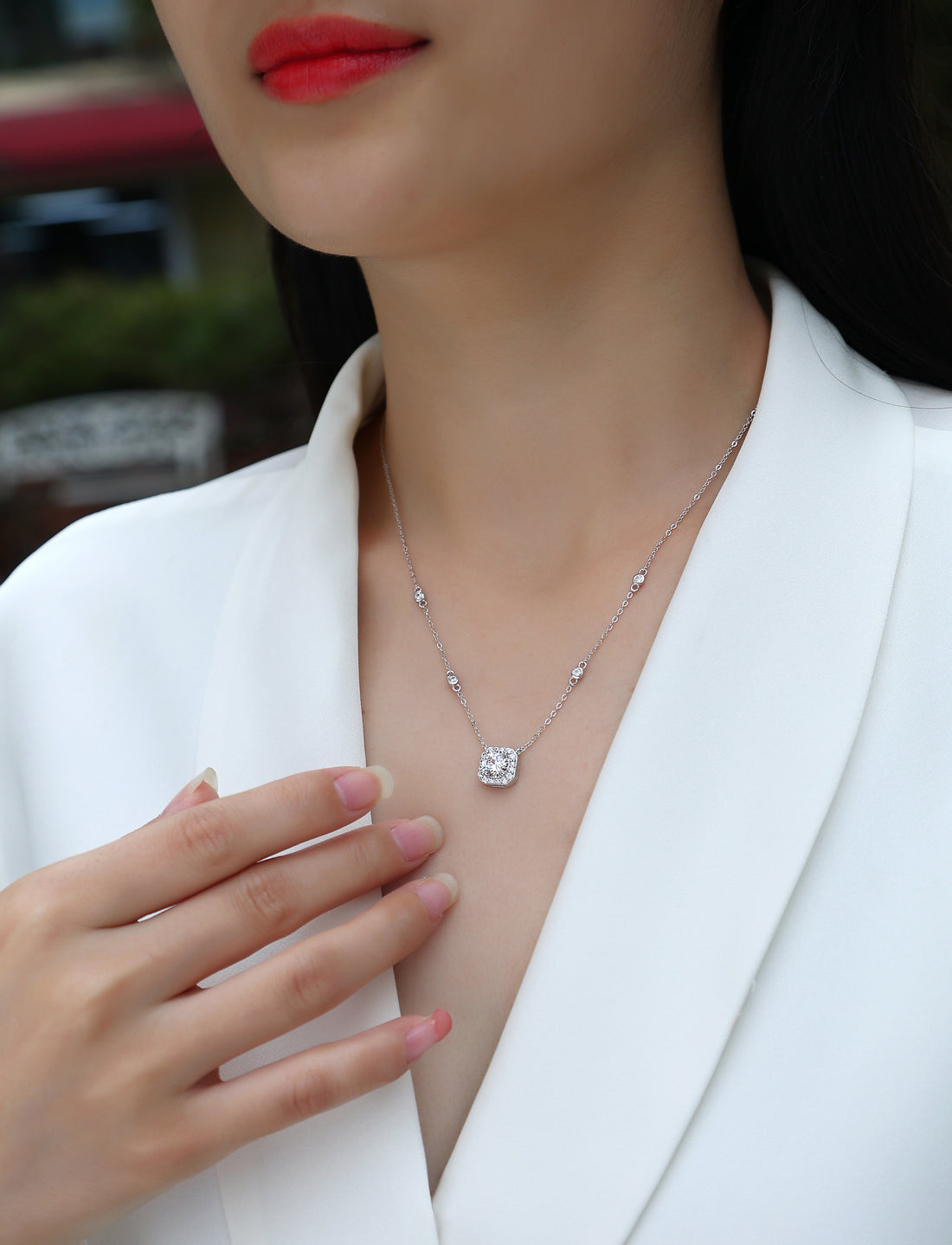 Silver-Tone Moissanite Square Pendant Necklace