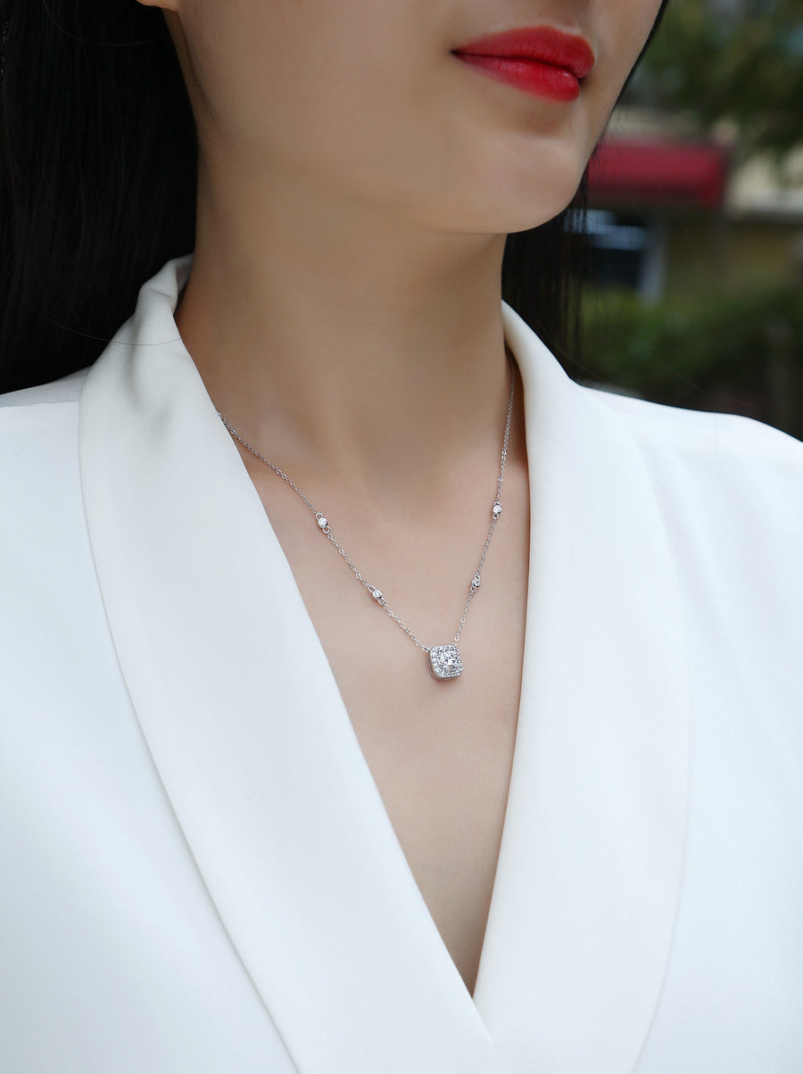 Silver-Tone Moissanite Square Pendant Necklace