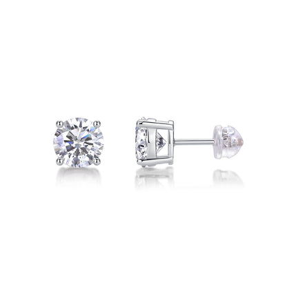 Silver-Tone Round Stone Stud Earrings - View 2 - Smonu Moissanite Jewelry