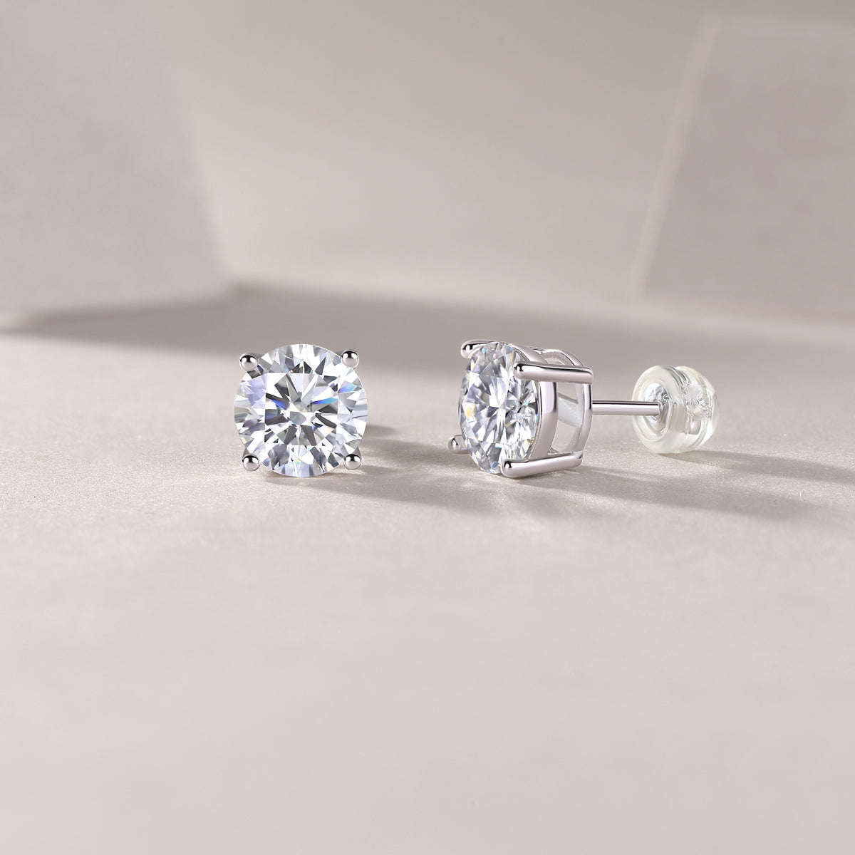 Silver-Tone Round Stone Stud Earrings - View 3 - Smonu Moissanite Jewelry