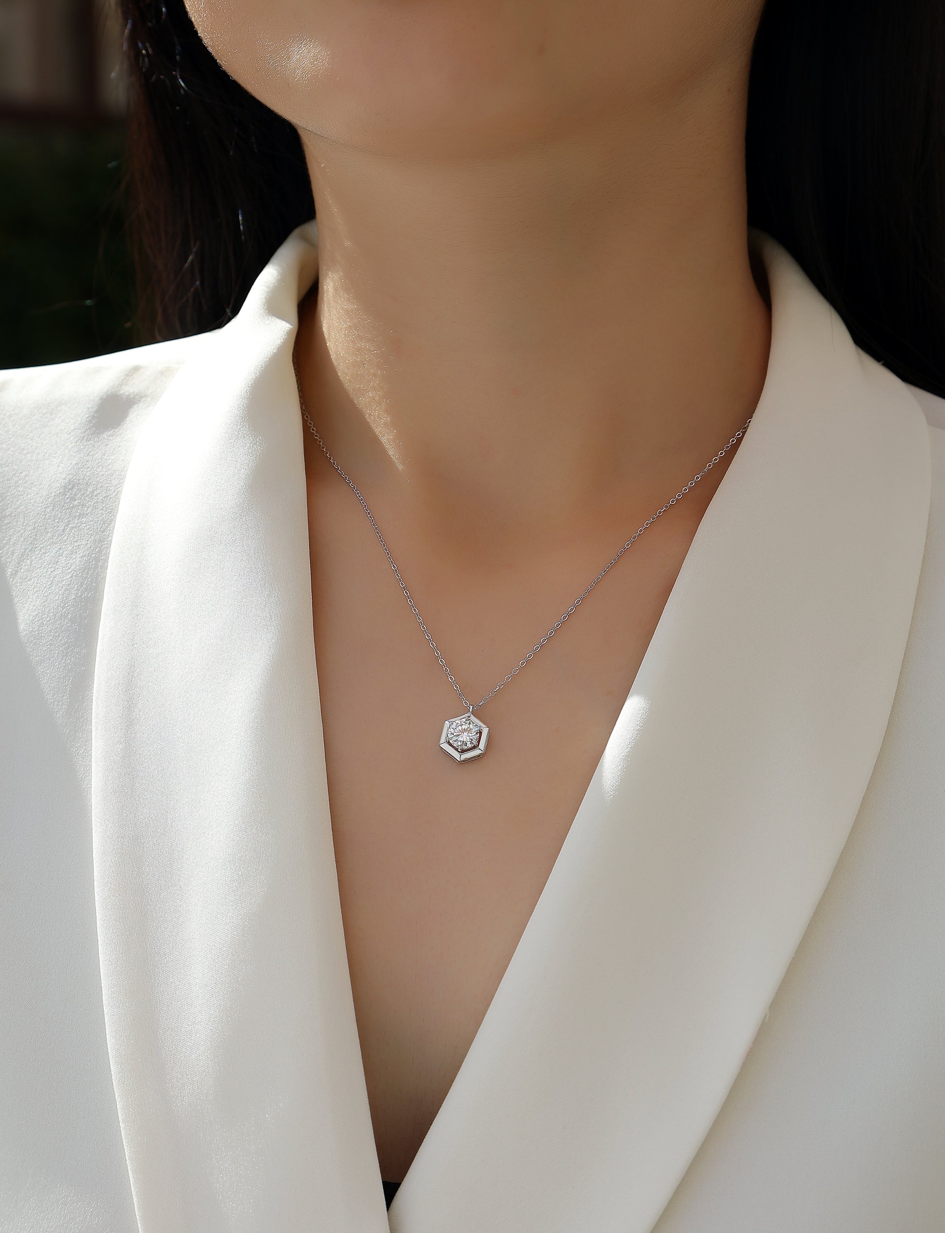 Silver-Tone Geometric Necklace with Clear Stone - View 5 - Smonu