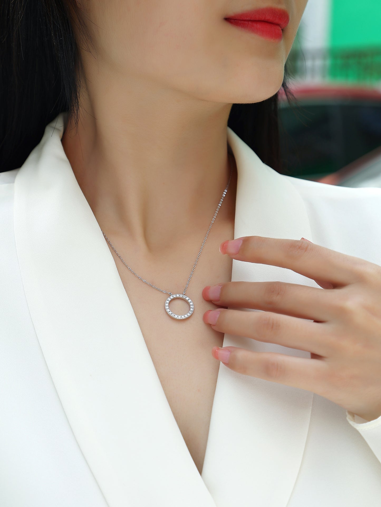 Silver-Tone Circular and Bar Pendant Necklace - View 6 - Smonu