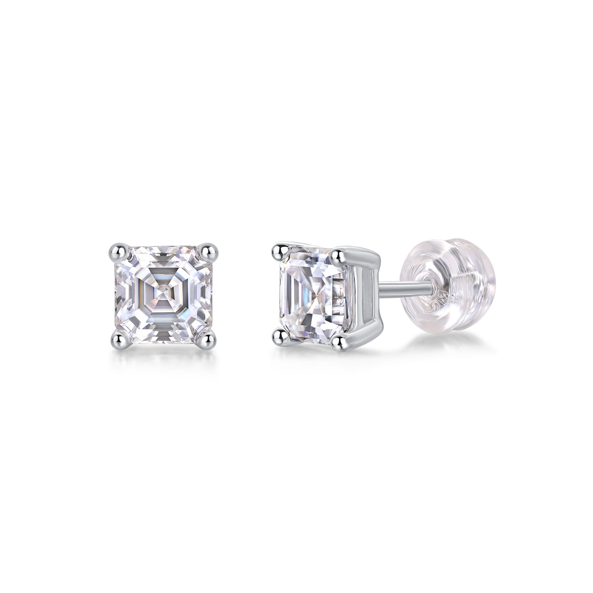 Silver-Tone Princess Cut Stud Earrings - View 4 - Smonu Moissanite Jewelry