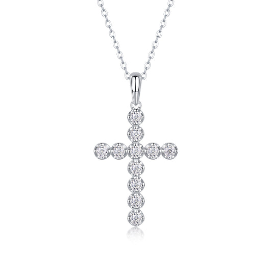 Silver-Tone Cross-Shaped Pendant with Clear Stones - View 1 - Smonu