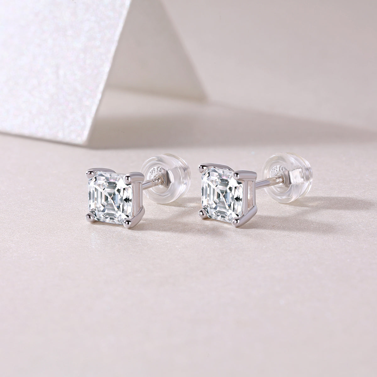 Silver-Tone Princess Cut Stud Earrings - View 5 - Smonu Moissanite Jewelry