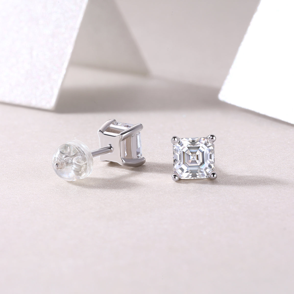 Silver-Tone Princess Cut Stud Earrings - View 6 - Smonu Moissanite Jewelry
