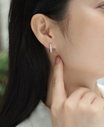 Silver-Tone Small Hoop Earrings with Clear Stones - View 2 - Smonu