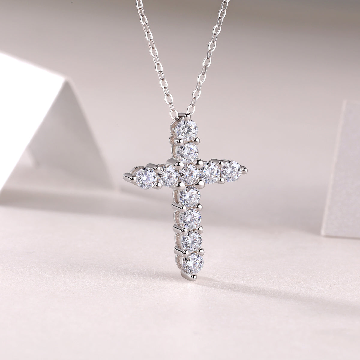 Silver-Tone Pavé Cross Pendant Necklace - View 6 - Smonu