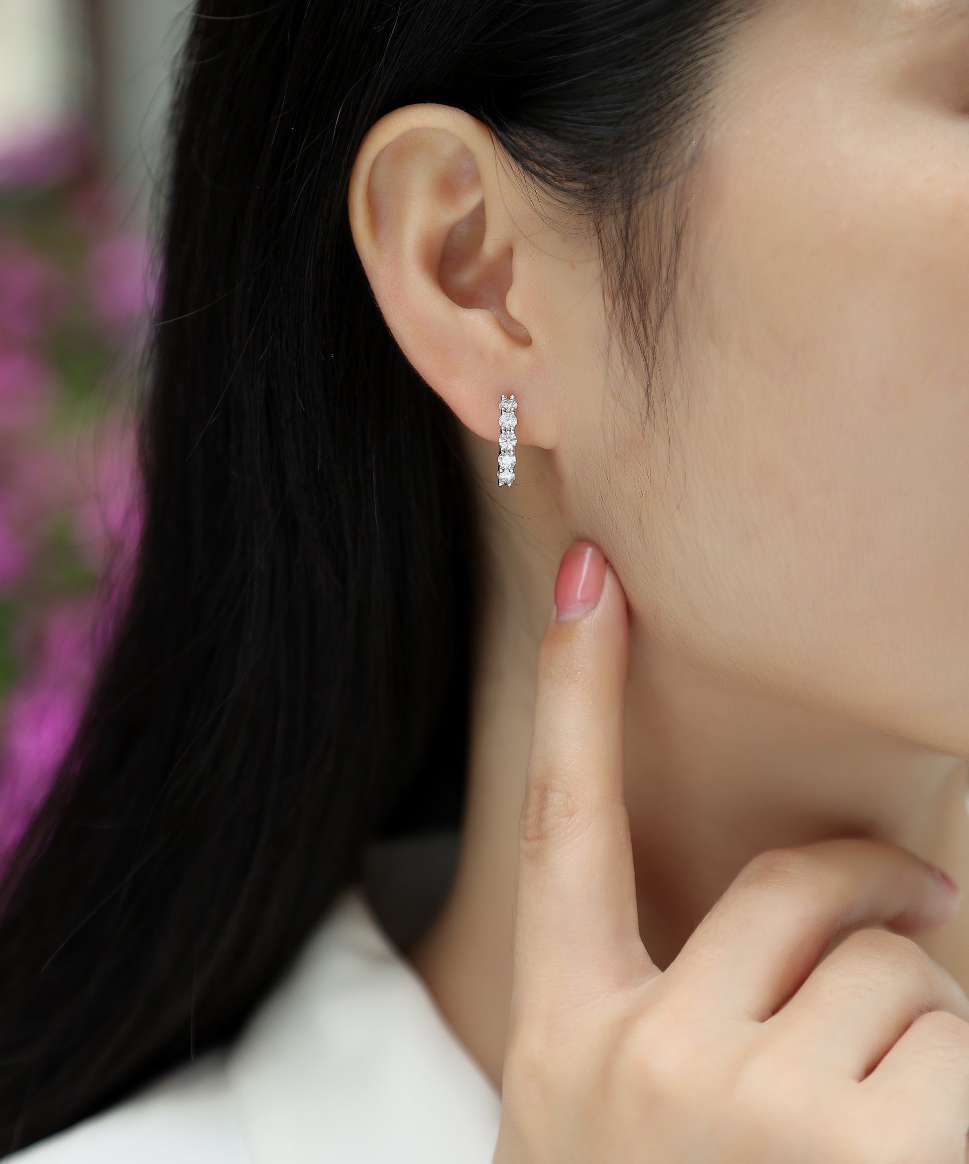 Silver-Tone Small Hoop Earrings with Clear Stones - View 1 - Smonu