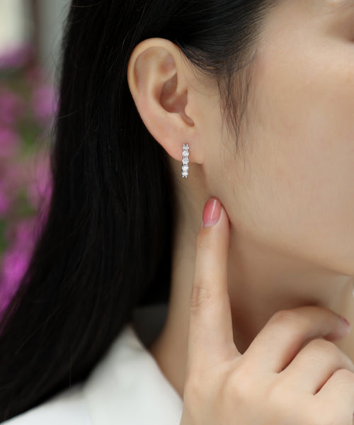 Silver Huggie Hoop Earrings with Clear Stones