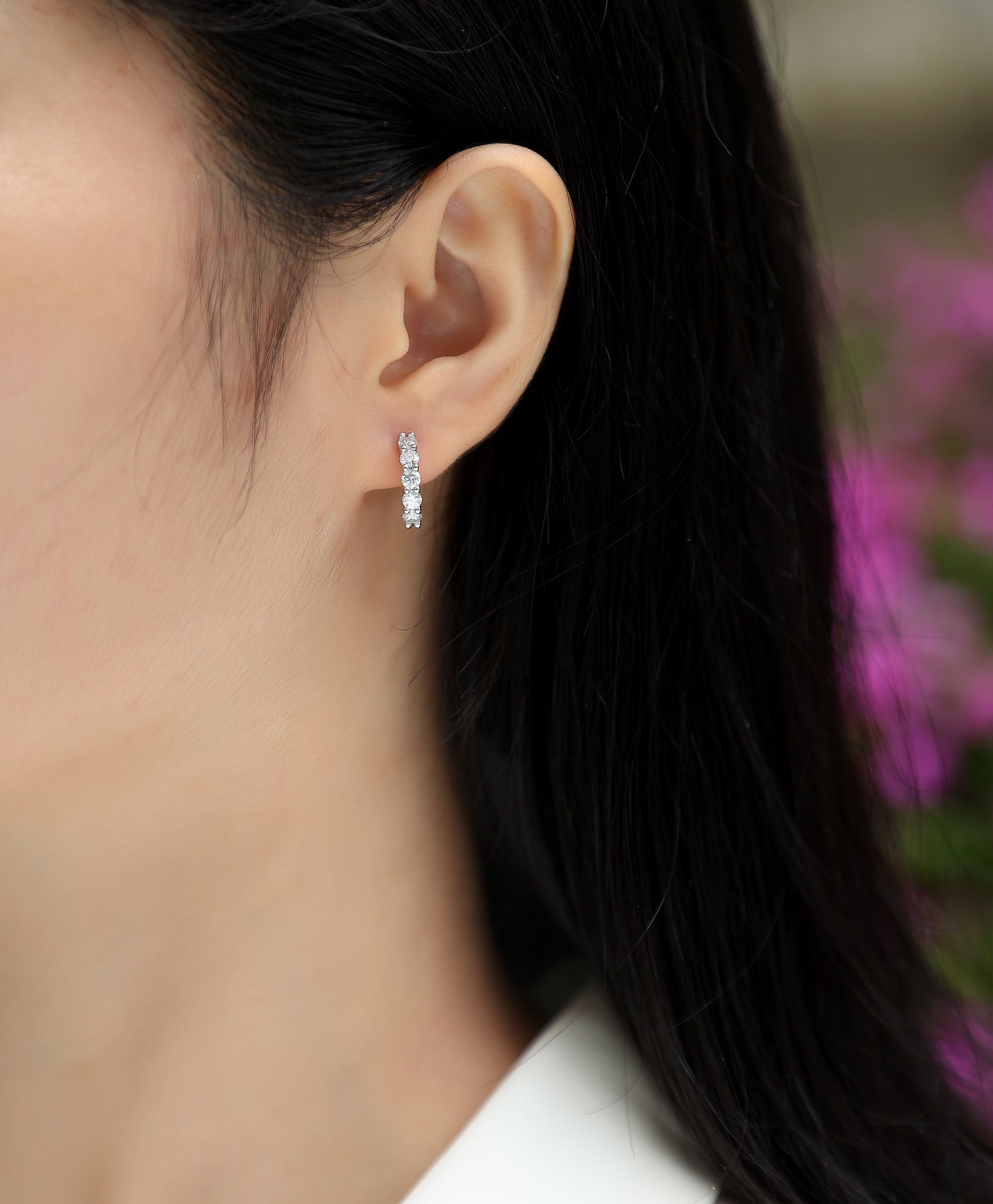 Silver-Tone Small Hoop Earrings with Clear Stones - View 2 - Smonu