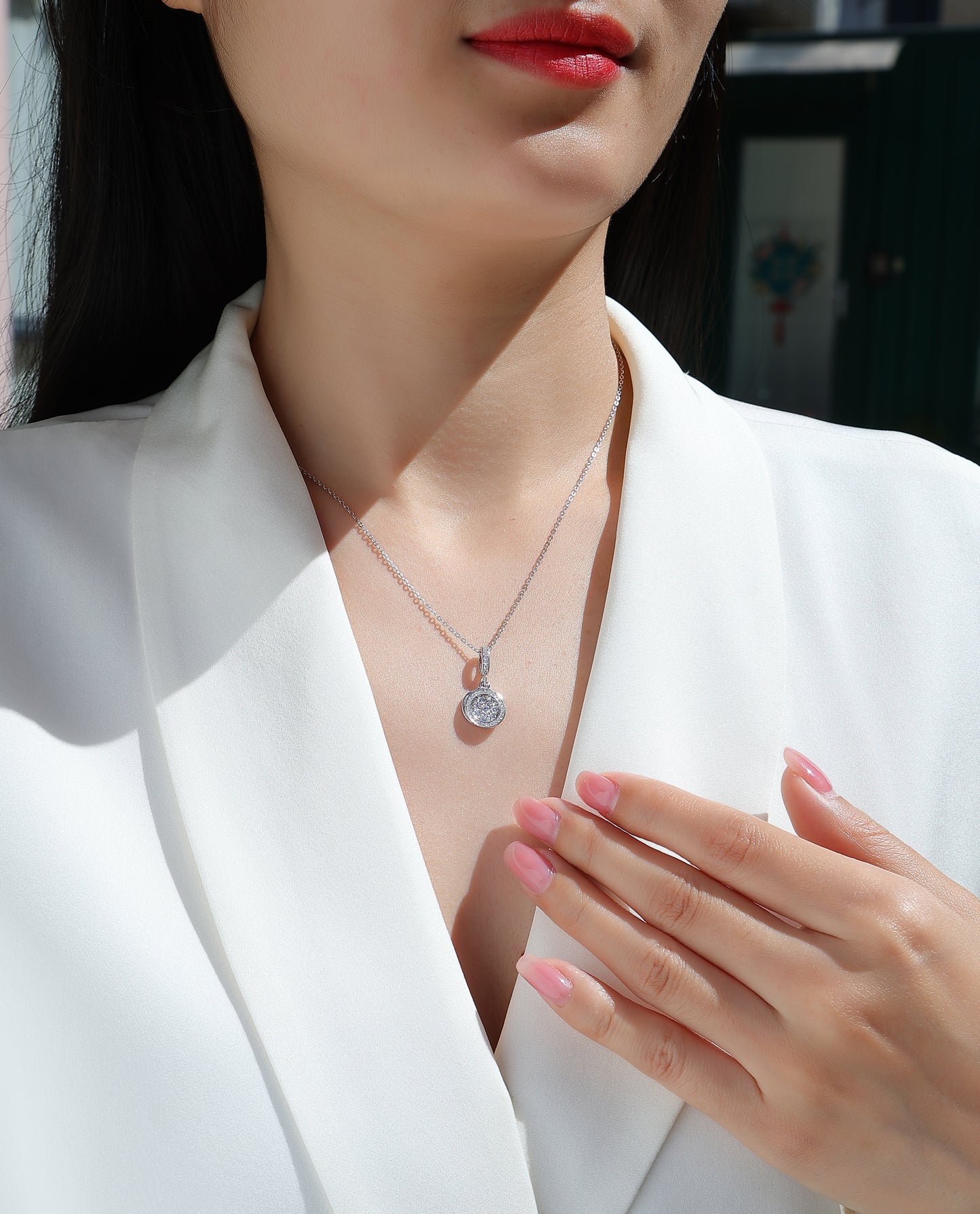 Silver-Tone Circular Halo Pendant Necklace - View 6 - Smonu