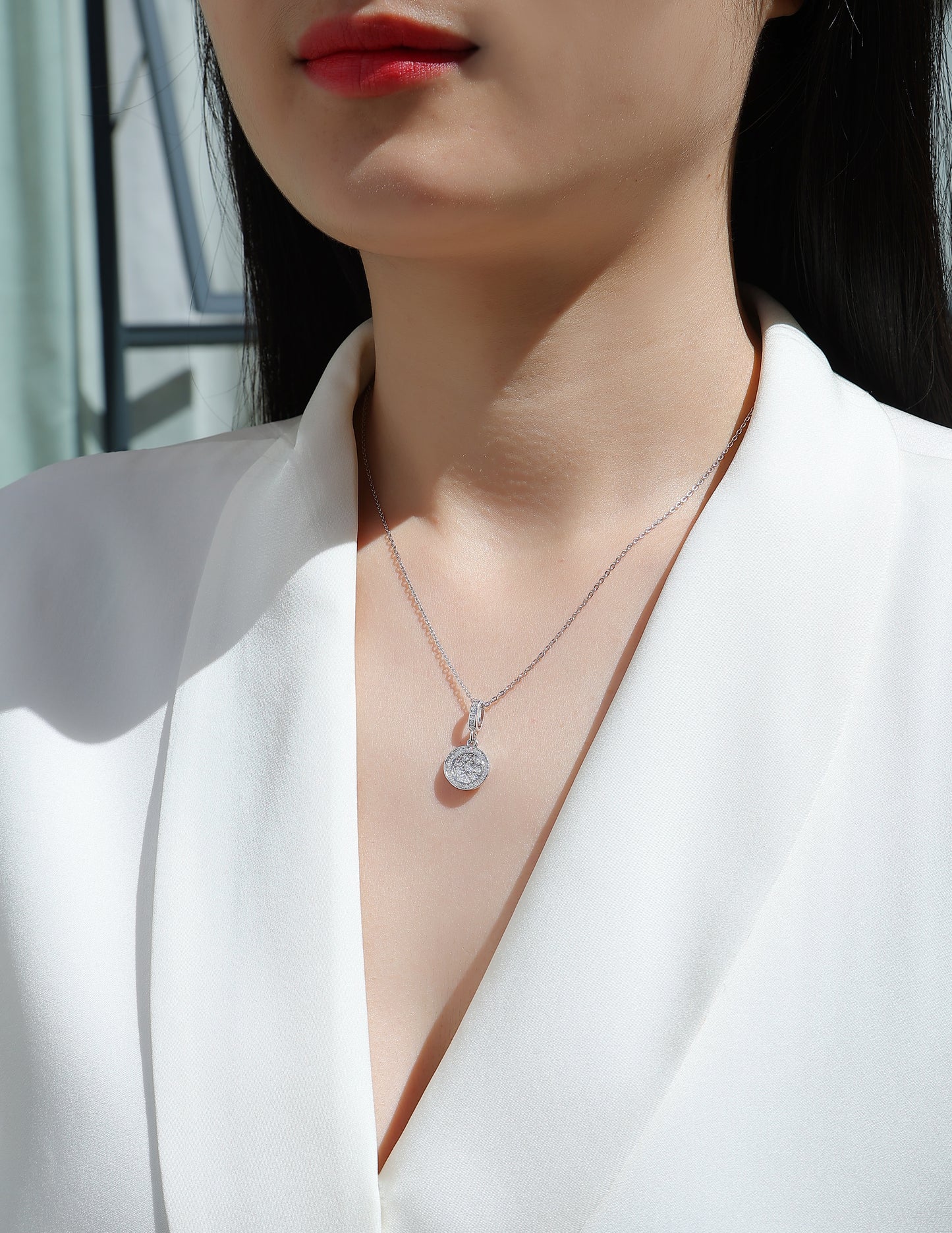 Silver-Tone Circular Halo Pendant Necklace - View 7 - Smonu