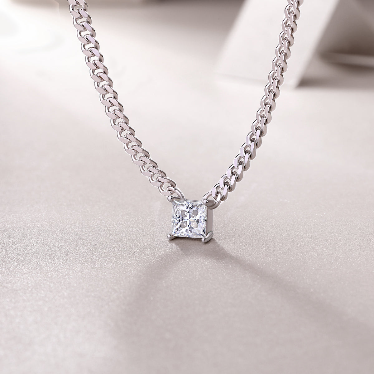 Silver-Tone Princess Cut Pendant Necklace - View 6 - Smonu