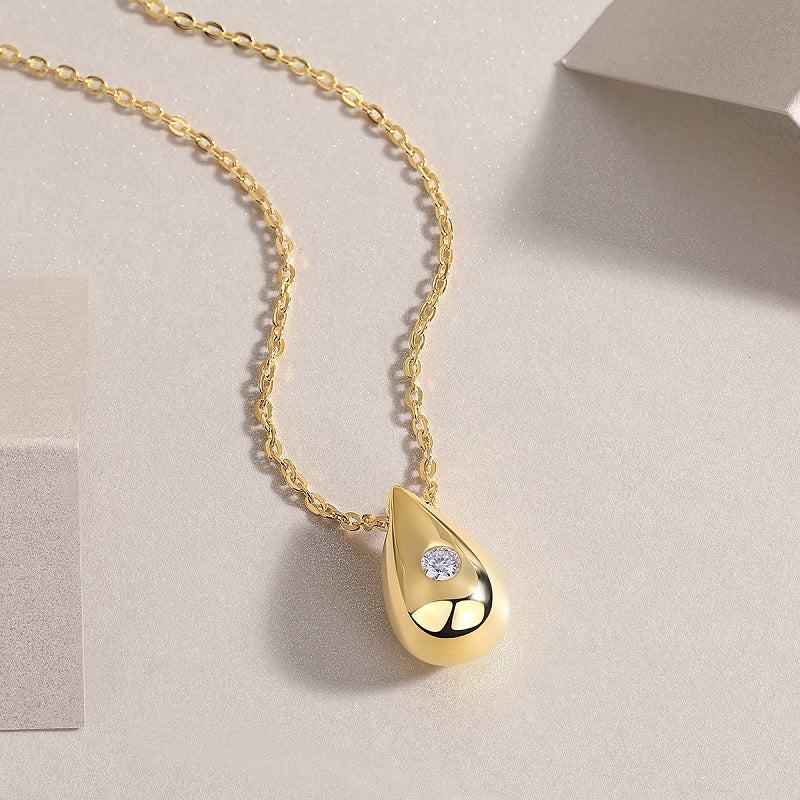 Gold-Tone Bezel Teardrop Necklace with Clear Stone - View 9 - Smonu