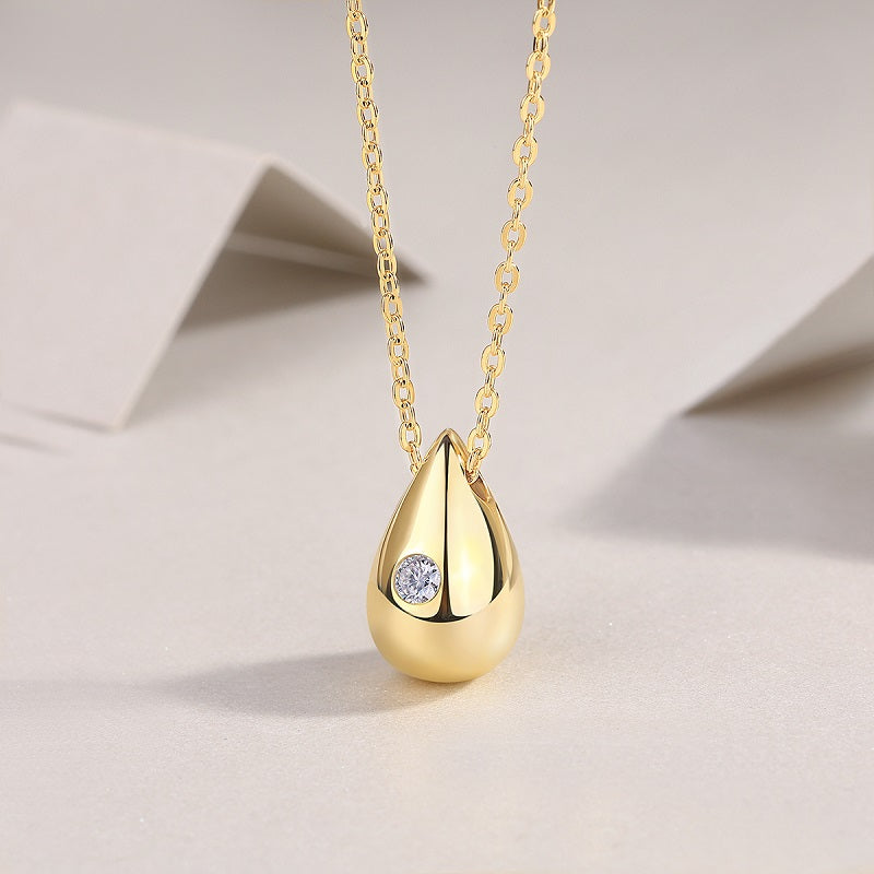 Gold-Tone Bezel Teardrop Necklace with Clear Stone - View 10 - Smonu