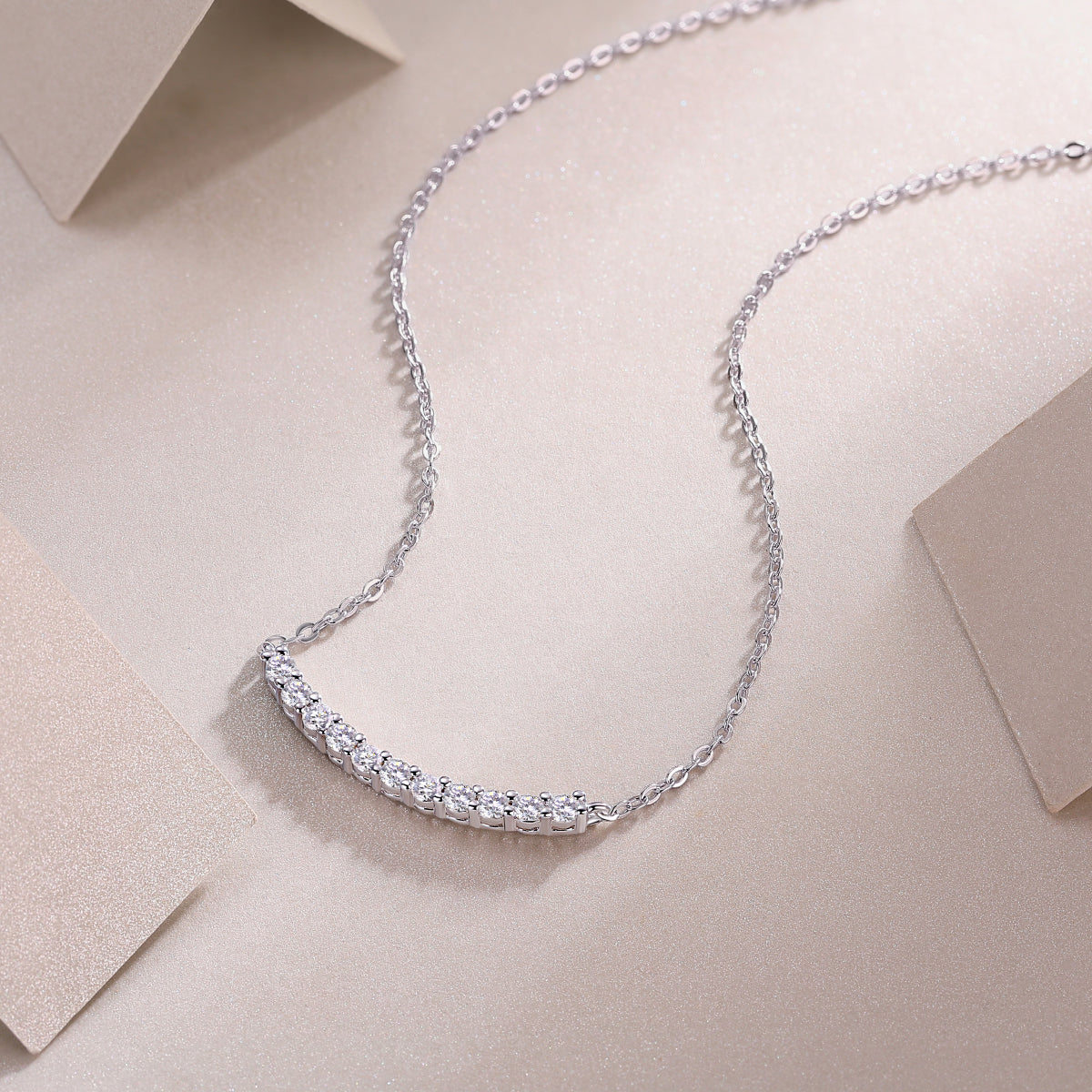 Silver-Tone Curved Bar Necklace with Clear Stones - View 5 - Smonu