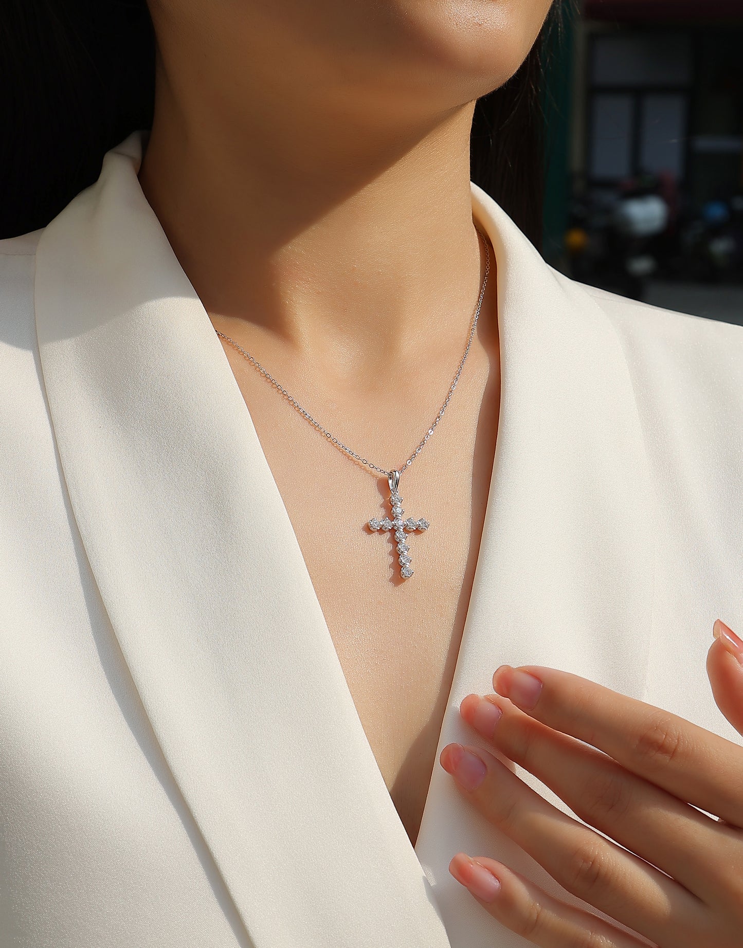 Silver-Tone Cross-Shaped Pendant with Clear Stones - View 5 - Smonu